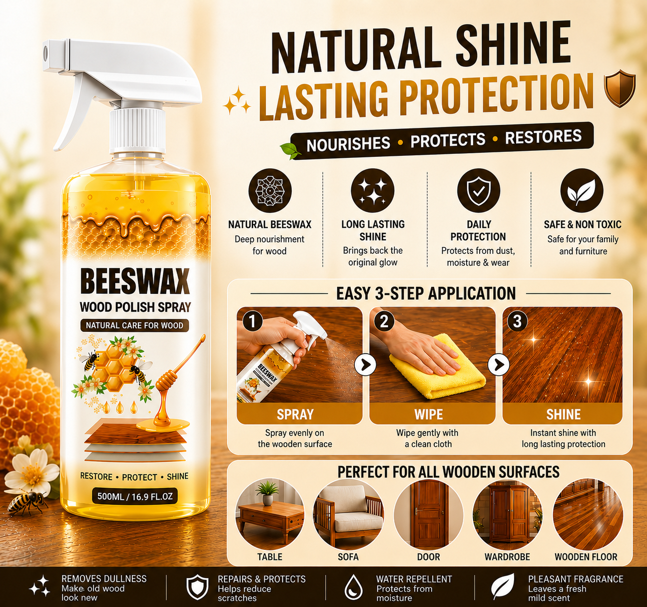 Beeswax Wood Polish Spray | Restore Shine , Protect Furniture